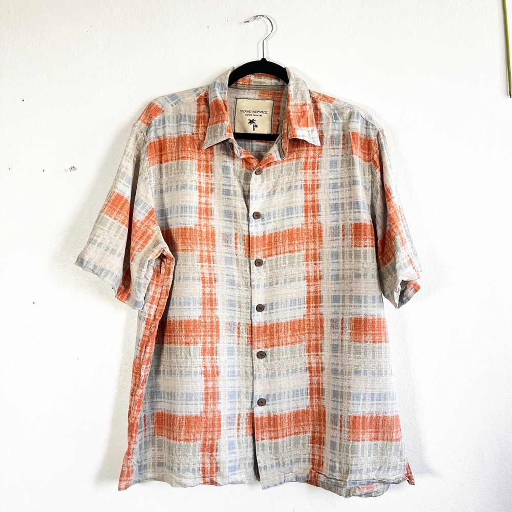 Island Republic Shirt Mens Large 100% Silk Orange Plaid Button Up Short‎ Sleeve
